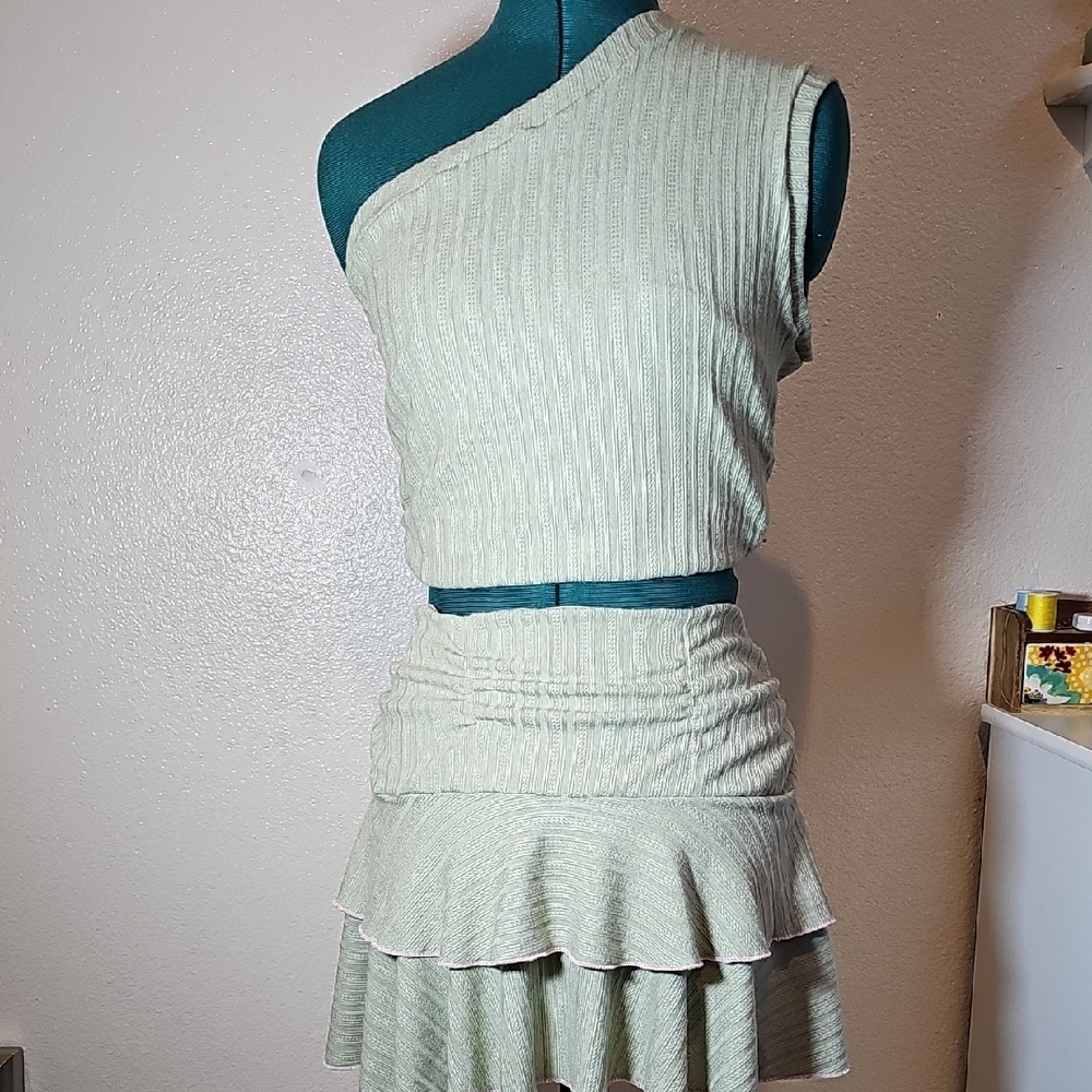 One-Shoulder Ribbed Two-Piece Set in Light Green